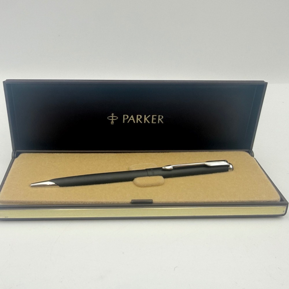 Parker Matte Black Ballpoint Pen Chrome Trim Made in USA with Original Box Case